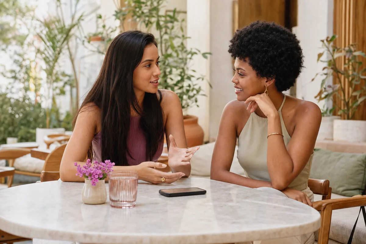 Duas pessoas adultas conversando sobre como escolher um aplicativo de namoro.
