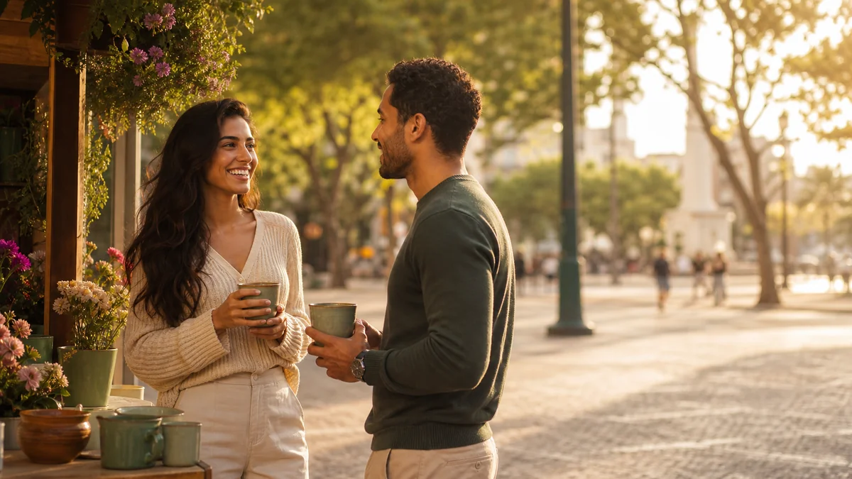 Jovens adultos brasileiros se conhecendo em um ambiente urbano iluminado.