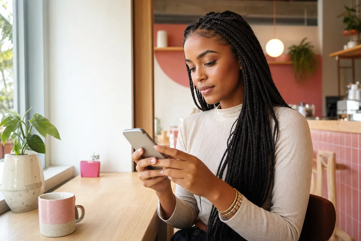 Mulher brasileira adulta usando o celular em um café moderno.