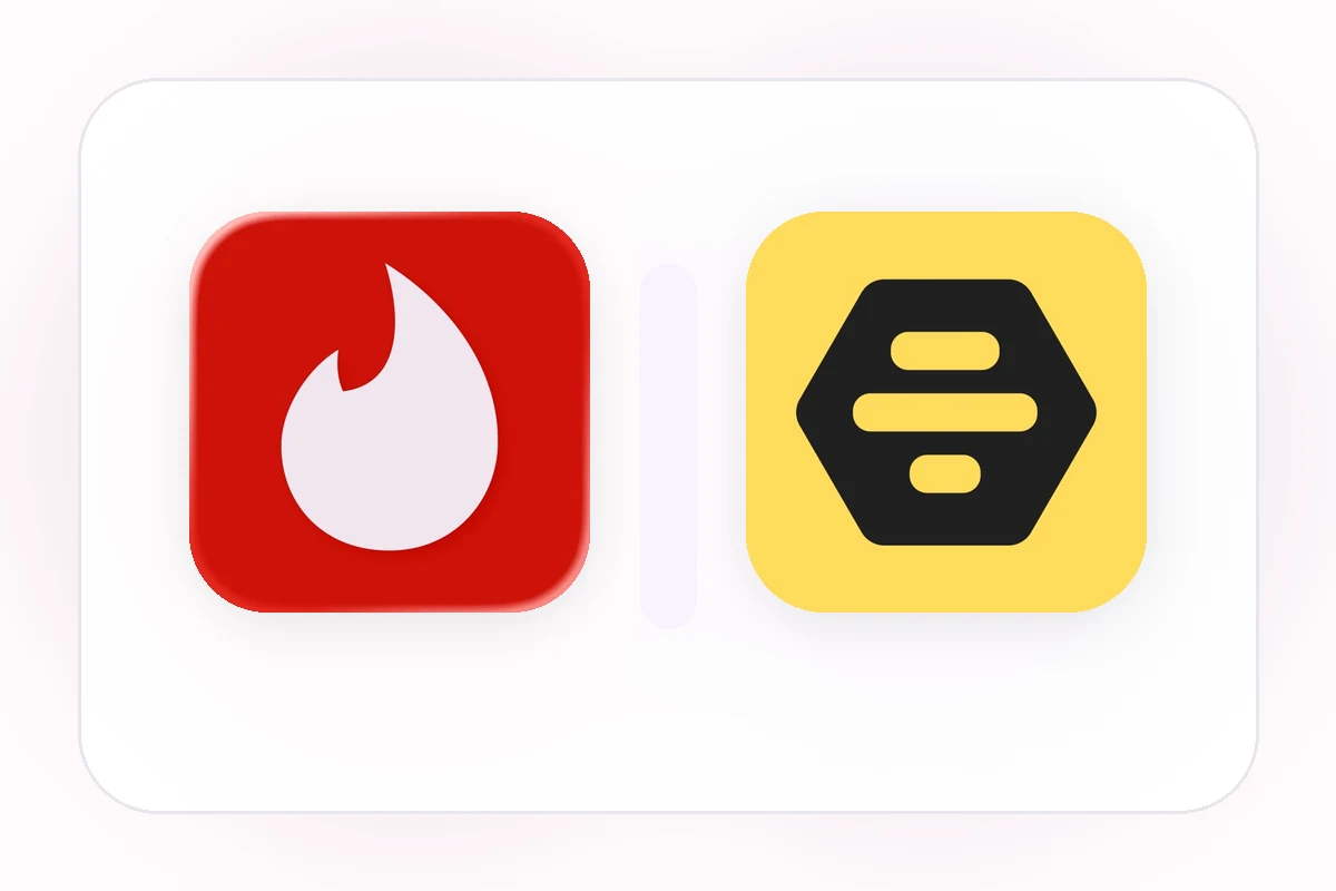 Símbolos do Tinder e do Bumble apresentados lado a lado na identidade do AppNamora.