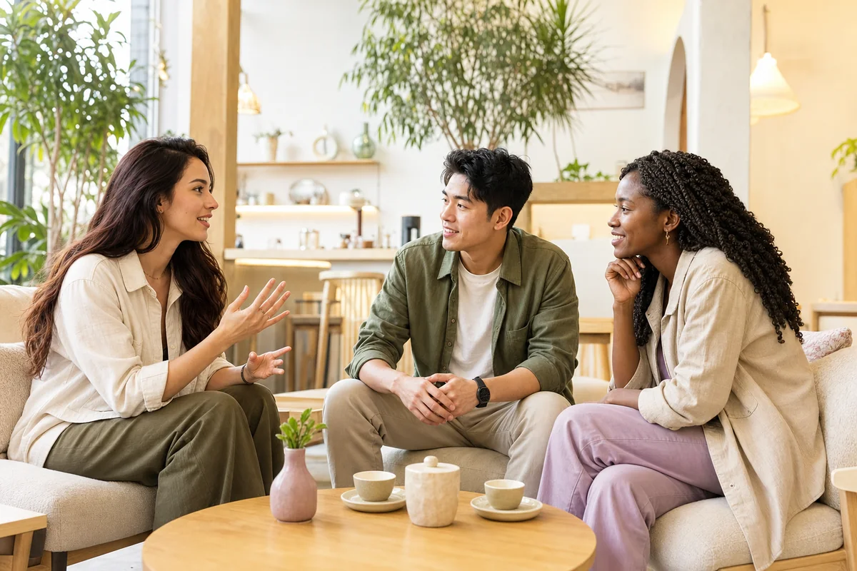 Jovens adultos brasileiros conversando em um café claro e moderno.