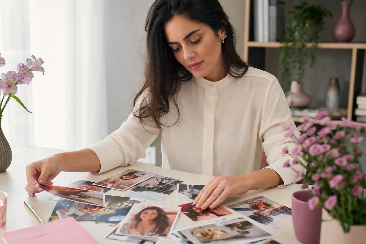 Mulher adulta organizando retratos e fotos de atividades para seu perfil.