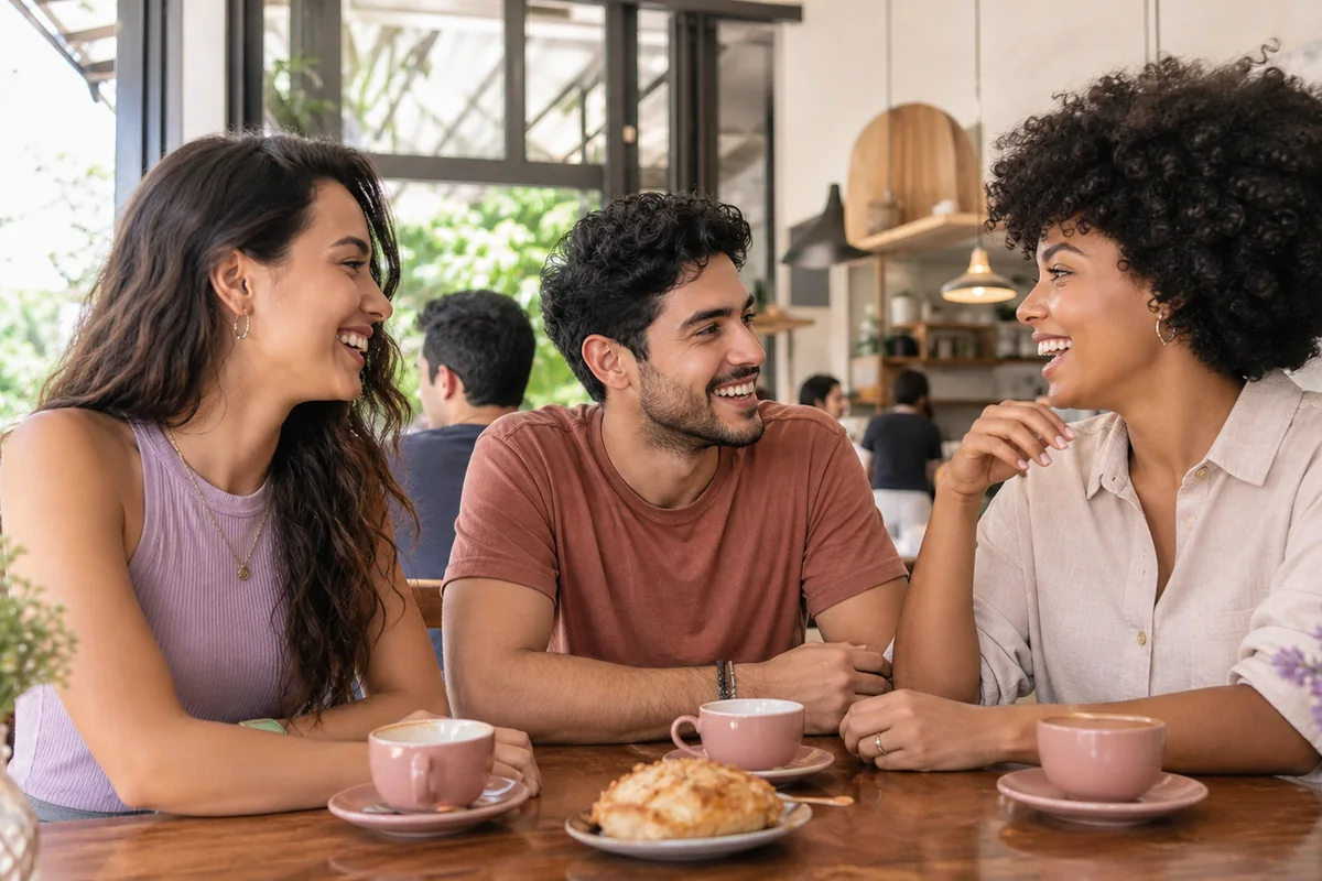 Jovens adultos conversando a partir de um interesse específico mostrado no perfil.