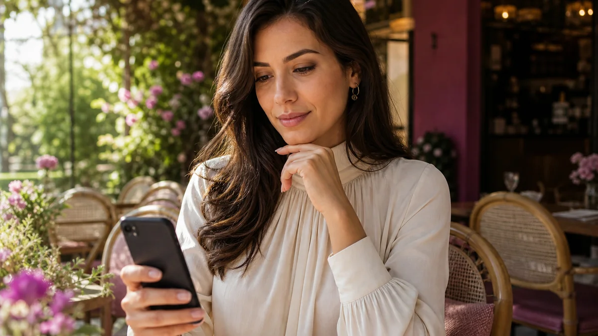 Mulher brasileira adulta melhorando seu perfil em um aplicativo de namoro.