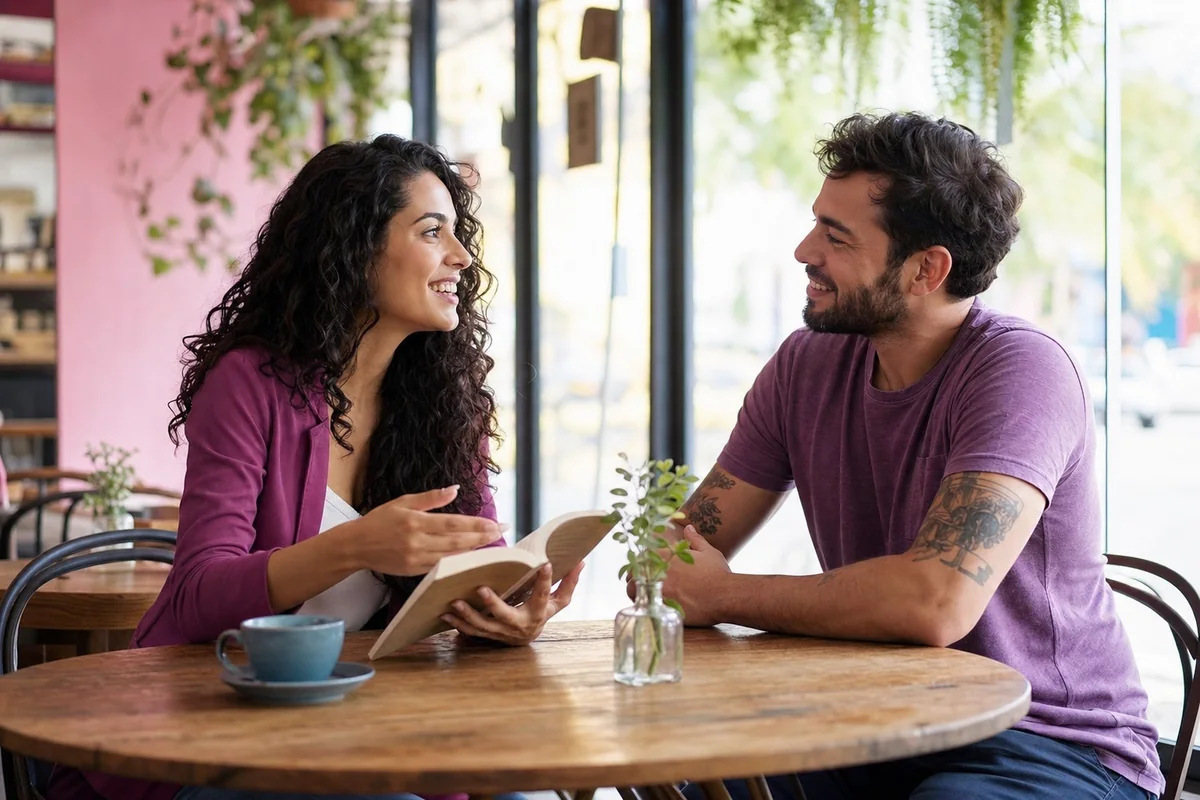 Jovens adultos rindo durante uma conversa leve em um café.