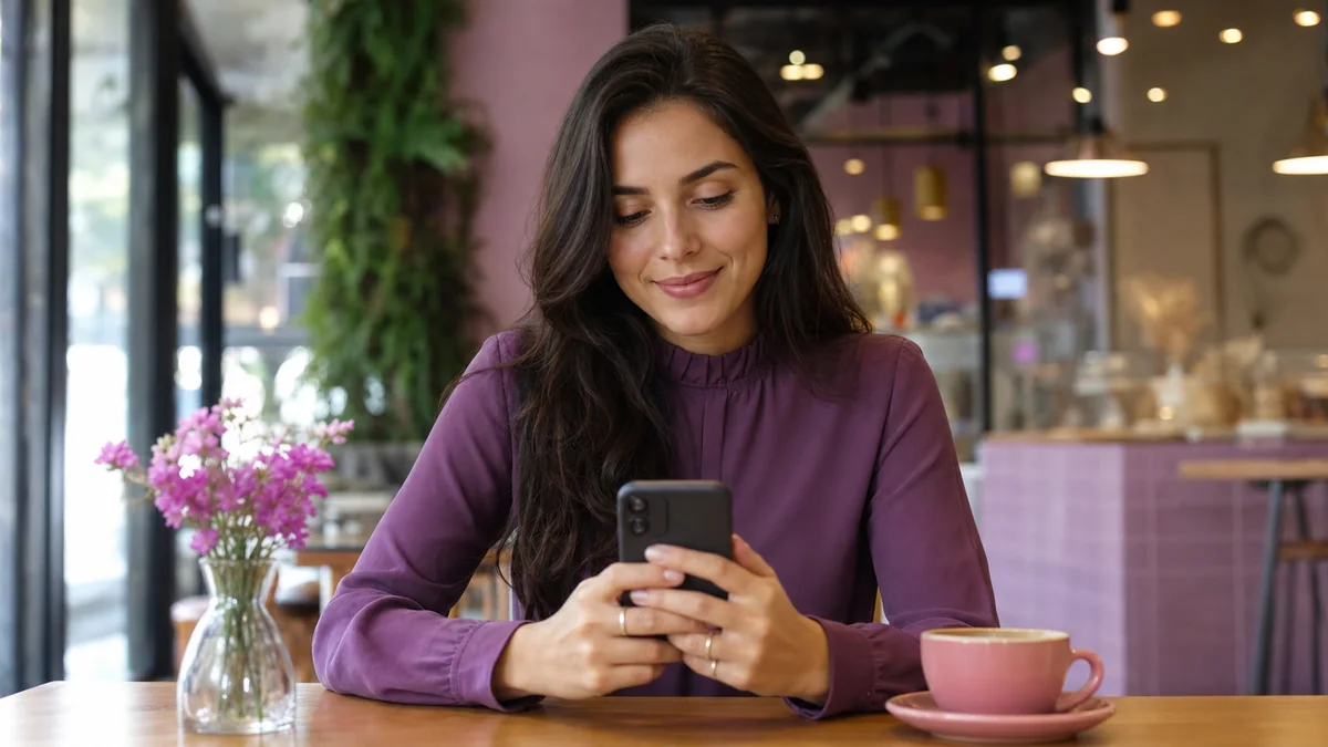 Mulher brasileira adulta escrevendo uma primeira mensagem de forma descontraída.