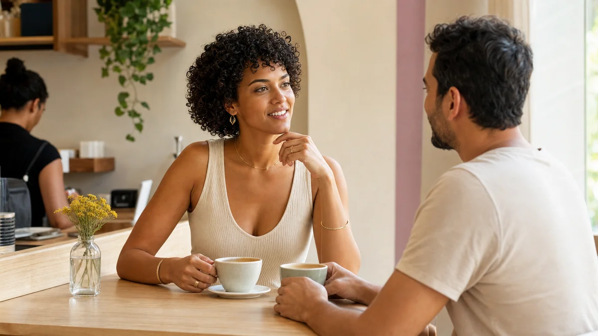 Mulher brasileira adulta iniciando uma conversa em um café.