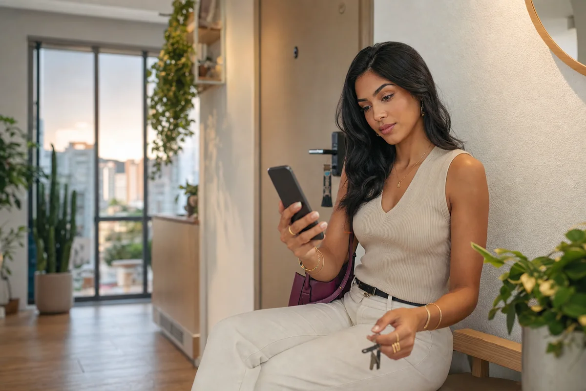 Mulher brasileira adulta revisando opções no celular antes de sair de casa.