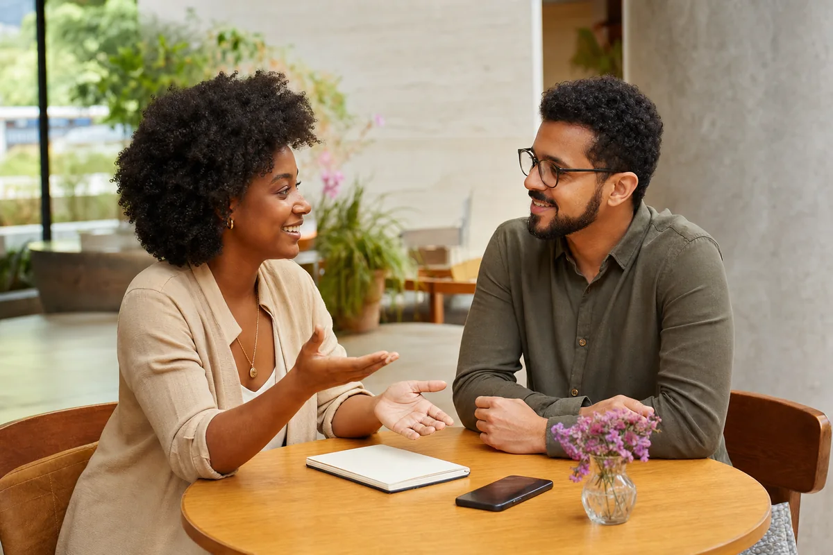 Dois jovens adultos brasileiros planejando um evento em um café.