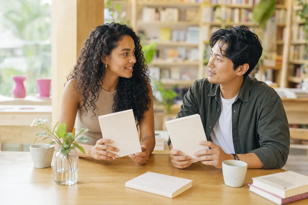 Dois jovens adultos brasileiros avaliando interesses em comum durante uma conversa.