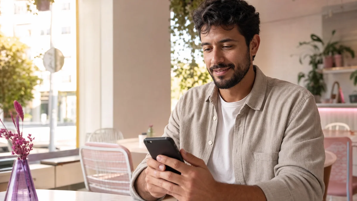 Homem brasileiro adulto usando o celular em um café iluminado.