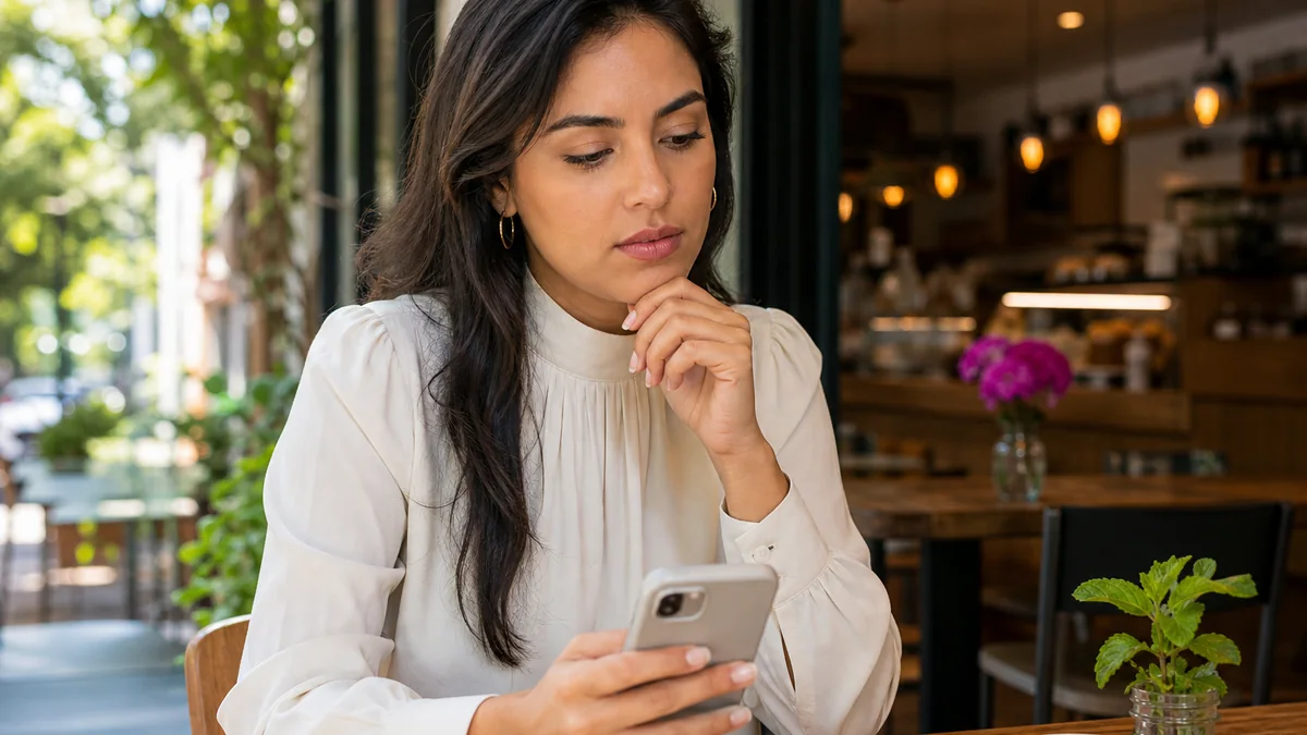 Mulher brasileira adulta analisando com cuidado um perfil no celular.