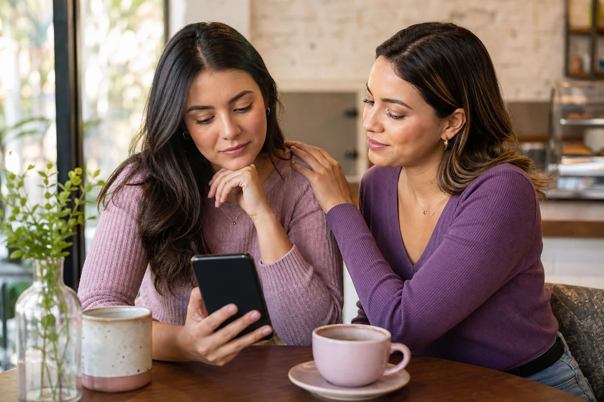 Duas amigas adultas conferindo juntas uma mensagem suspeita no celular.