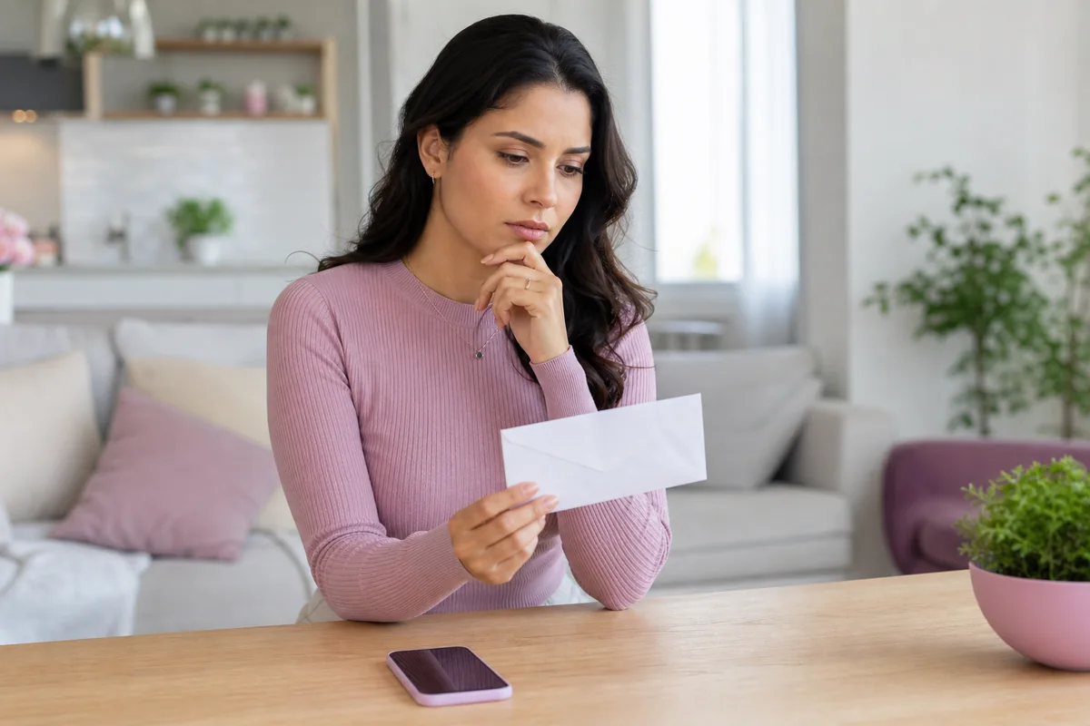 Mulher adulta analisando uma cobrança suspeita recebida durante uma conversa online.