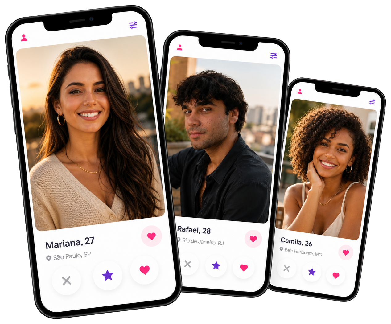 Aplicativos de namoro no Brasil em telas de celular com perfis de usuários